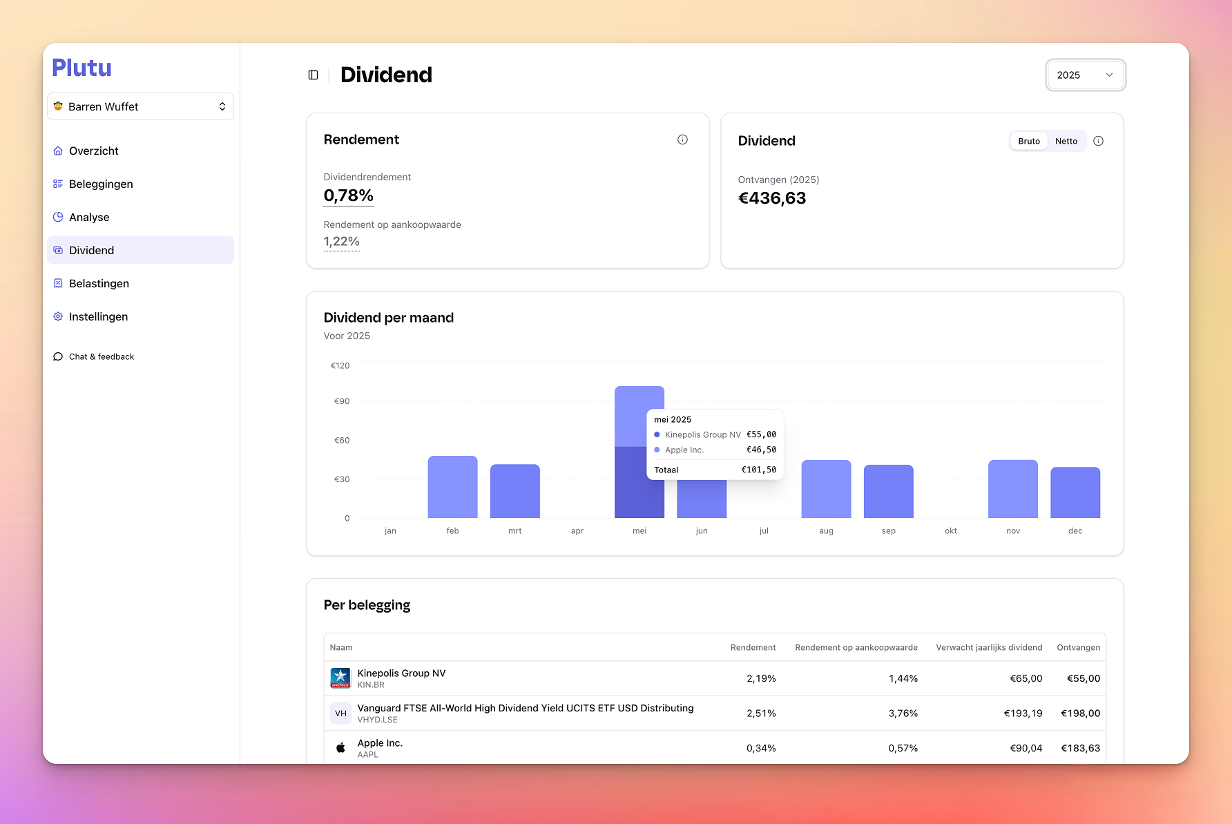 Screenshot van de Dividend-pagina in Lucro